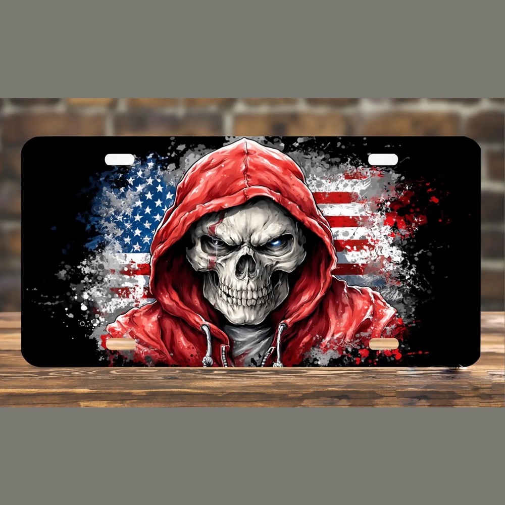 SKULL AMERICAN FLAG PATRIOTIC Car License Plate Auto Tag 6" x 12"